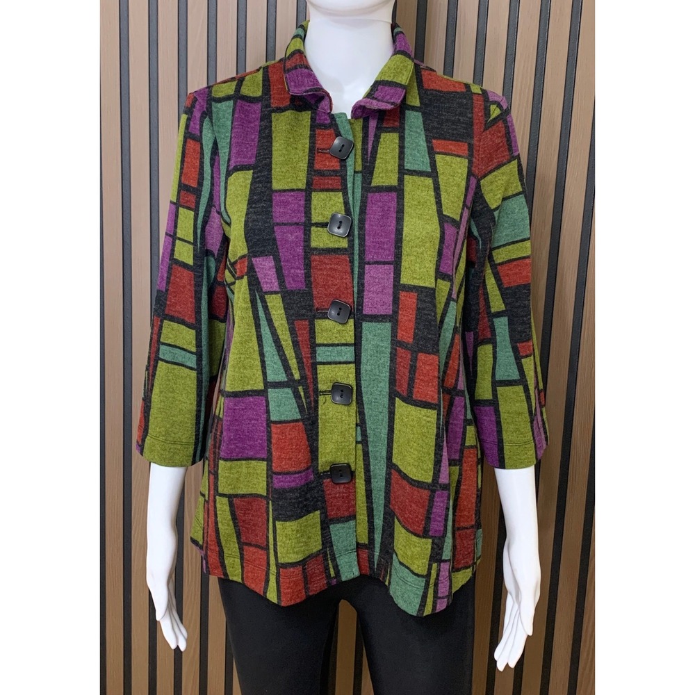 Ali Miles Women's M Petite Lagenlook Glass Print Button Front Jacket Top